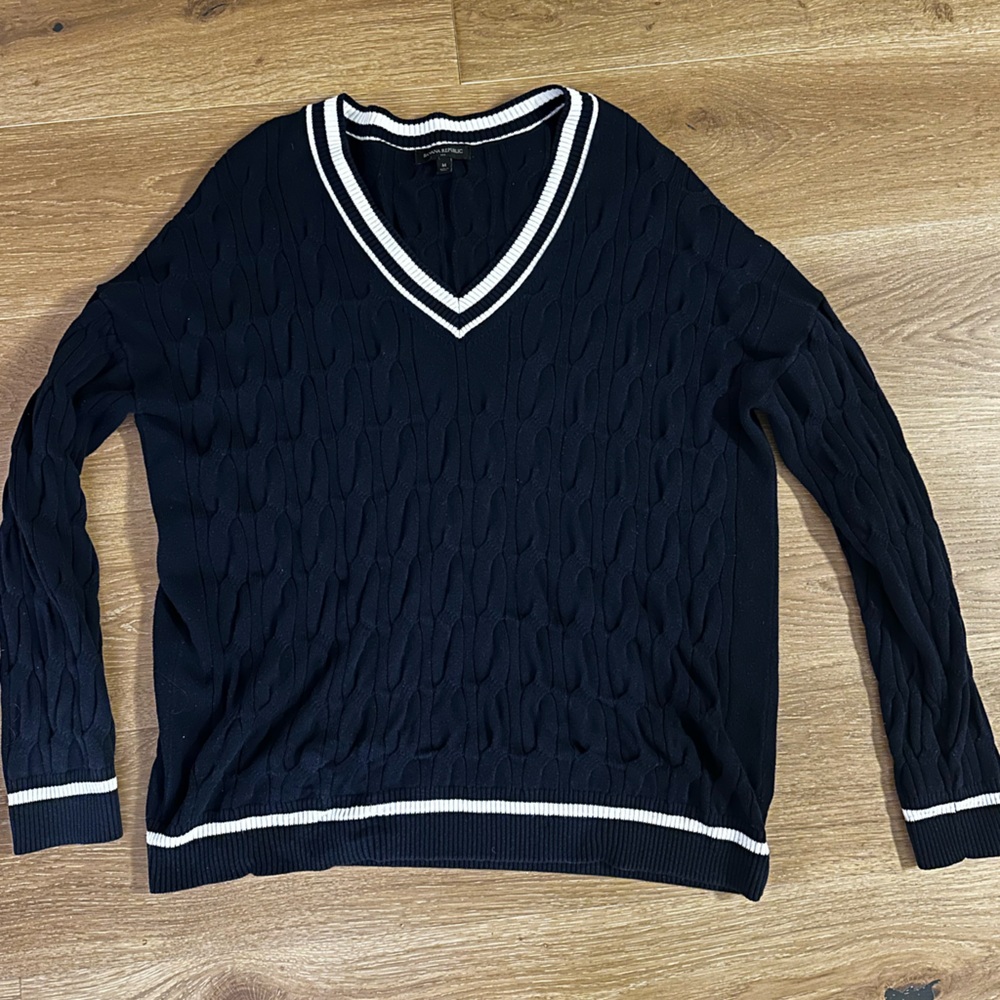 Banana Republic Blue and White Collegiate Corded V Neck Sweater